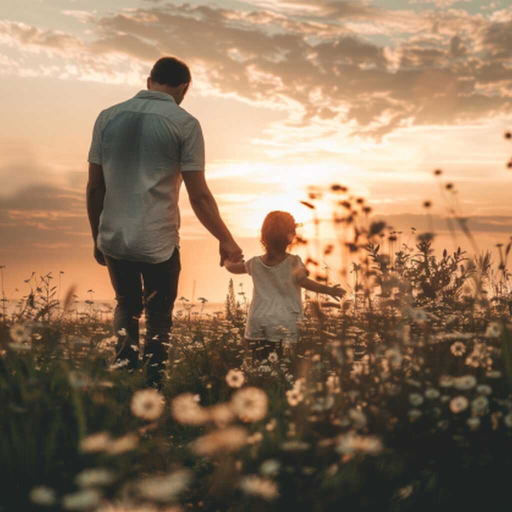 father-son-walking-field-dandelions-sunset
